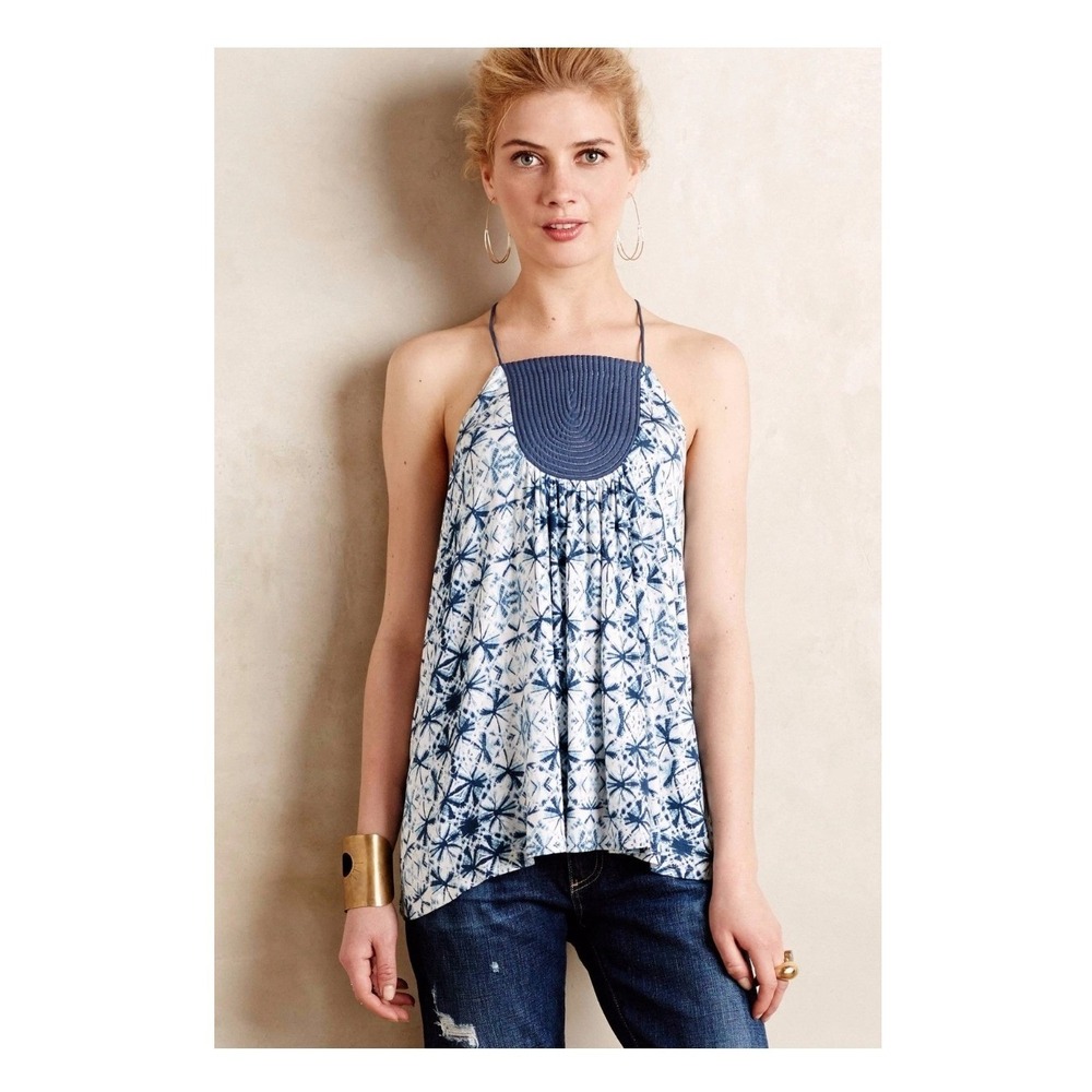 Anthropologie One September Blue Tie Dye Corded Yoke T-Strap Tank Top Medium